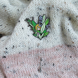 Unique boutonniere style enamel shawl pin to keep your knitted garments in place. Perfect for knitted / crocheted garment styling. Can also be used as a fun twist on a classic lapel pin.