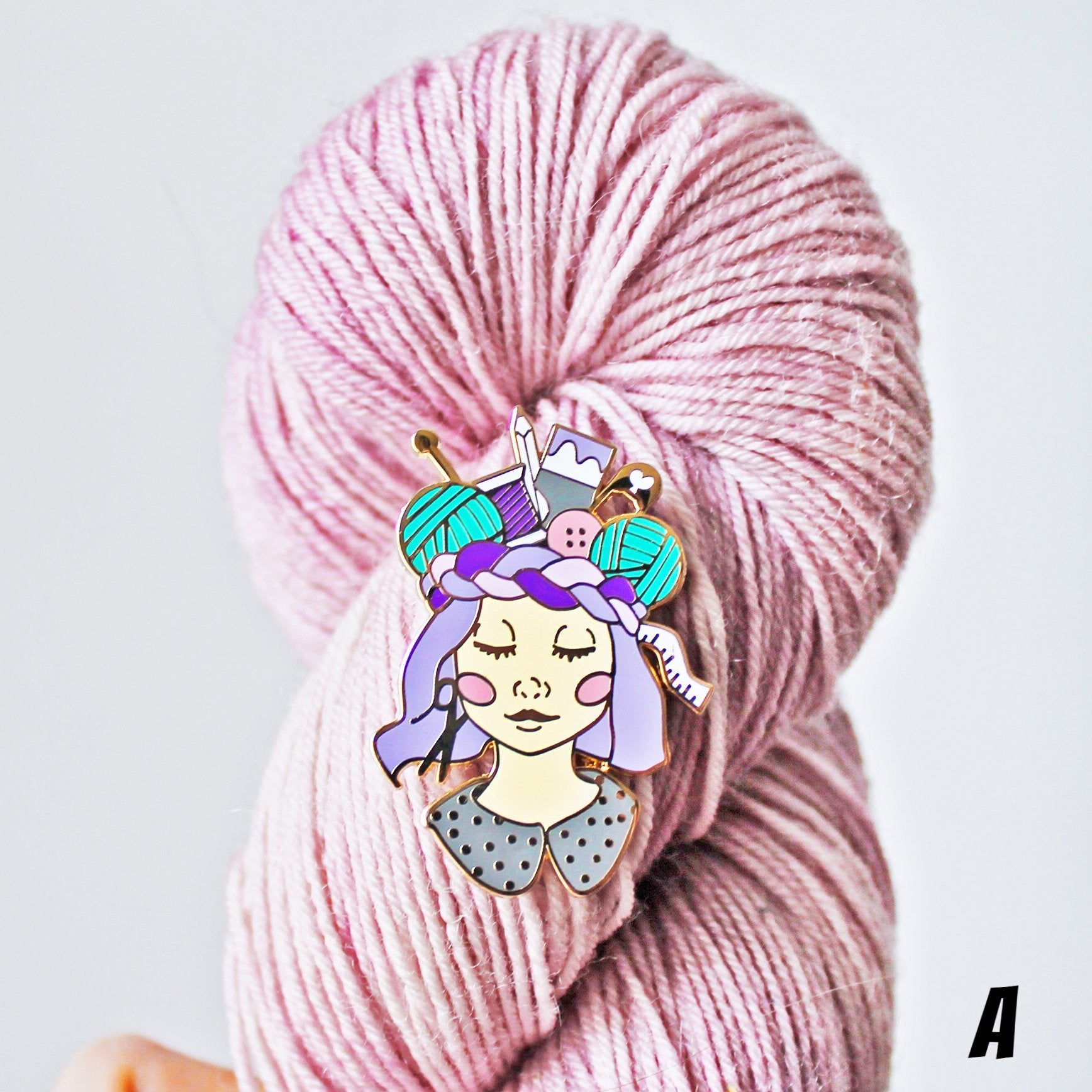 Unique pin for crafters, makers, knitters and crocheters. This creative enamel pin features a girl with a crown of craft supplies, available in multiple skin tones.