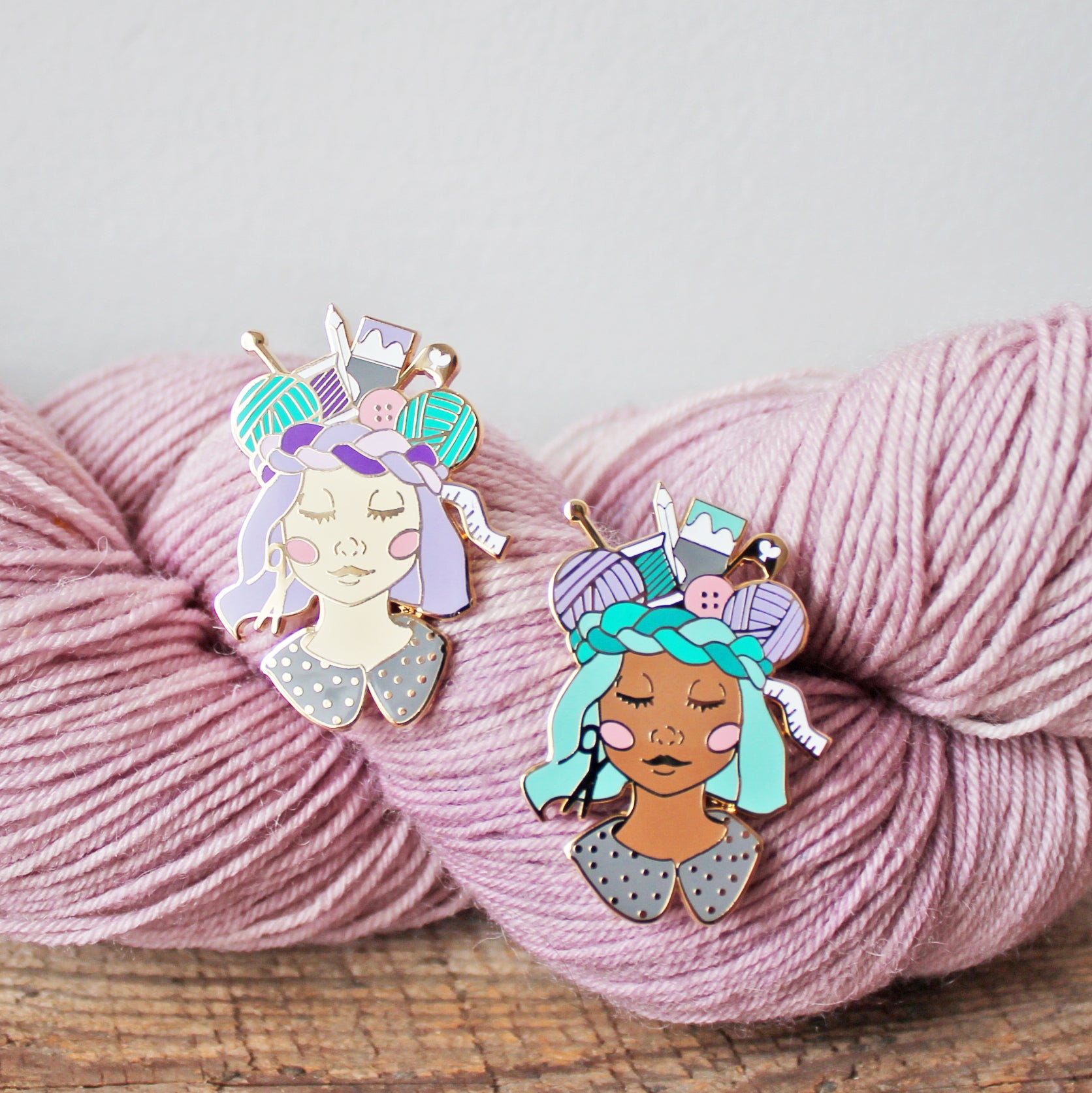 Unique pin for crafters, makers, knitters and crocheters. This creative enamel pin features a girl with a crown of craft supplies, available in multiple skin tones.
