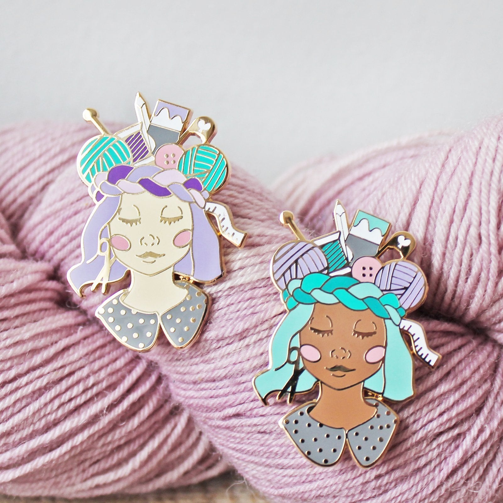 Unique pin for crafters, makers, knitters and crocheters. This creative enamel pin features a girl with a crown of craft supplies, available in multiple skin tones.